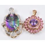 A 9ct gold pendant set with mystic topaz and a 9ct gold pendant set with amethyst, 11.8g
