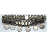 Victorian white metal choker necklace, the six attached medallions engraved with family names