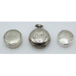 Victorian hallmarked silver sovereign holder together with two white metal trinket boxes, one marked