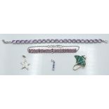 A silver bracelet set with amethyst, three silver pendants set with mother of pearl, chrysocolla