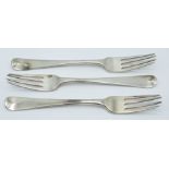 Three Georgian Irish hallmarked silver Old English pattern table forks, Dublin 1801 maker John