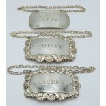 Three modern hallmarked silver bottle tickets comprising gin, whisky and sherry, weight 41g