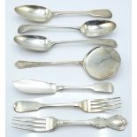 Georgian and Victorian flatware including three tablespoons, all London, makers WS, IL and IA, a