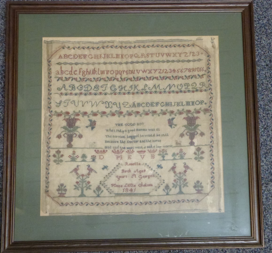 An early Victorian embroidery sampler by Rosetta Birch, aged 9, St George's House, Little Chelsea,
