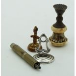 Ivory handled seal, white metal seal, brass seal and a small vice