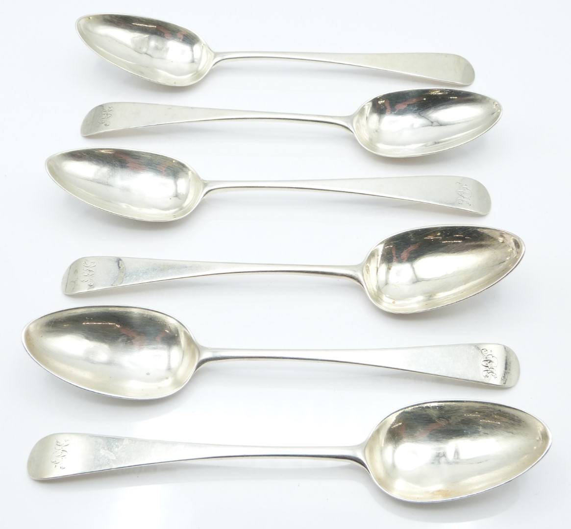 Georgian set of six hallmarked silver dessert or large teaspoons, London 1788 maker Thomas Wallis