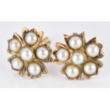 A pair of yellow metal Victorian earrings set with split pearls, 2.3g