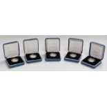 Five Royal Mint silver proof £1 coins, two 2005, a 2006 and two 2007 examples, cased with