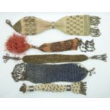 Five 19thC embroidery, beadwork, cut steel purses including misers', some with cut steel/filigree