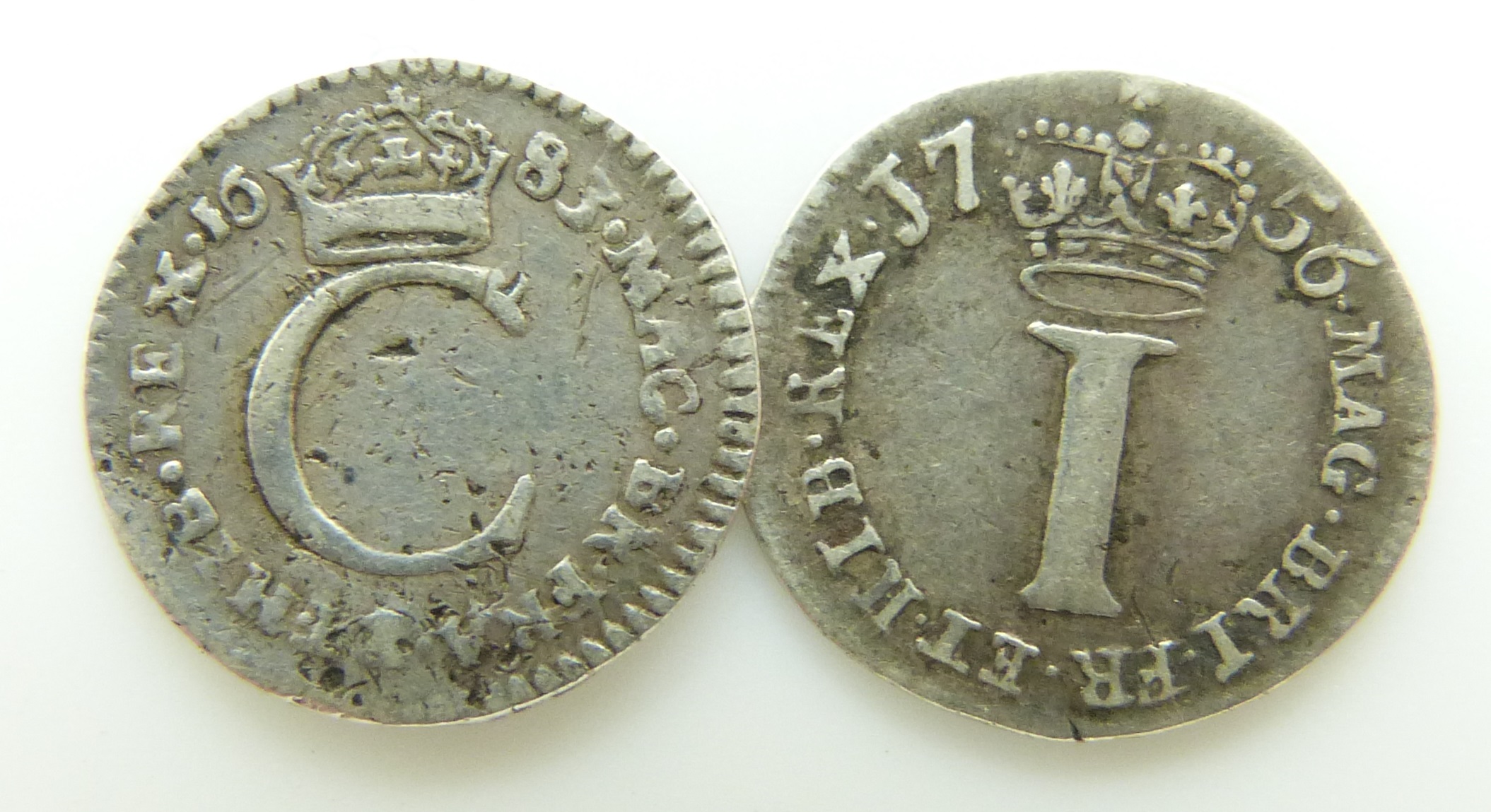 Maundy pennies comprising 1683 Charles II and 1756 George II