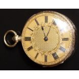 James H Hayes of Oldham 18ct gold open faced pocket watch with blued hands, black Roman numerals,