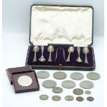 Cased set of hallmarked silver spoons and tongs, weight 100g, and approximately 43g of pre 1947