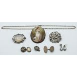 A collection of silver jewellery including Victorian brooch, cufflinks, paste earrings and painted