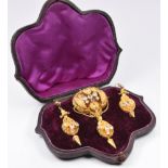 Victorian Etruscan Revival yellow metal cased brooch (W- 3.5cm x L- 7cm) and earrings set with