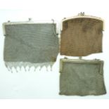 Three plated silver mesh purses including gold coloured, one dated 1916, largest 17 x 18cm
