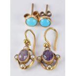 A pair of Edwardian 15ct gold earrings set with an amethyst and pearls and a pair of 9ct gold