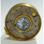 19thC brass pocket barometer/ compass thermometer compendium, London trademark to silvered dial