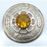 Scottish Cairngorm hallmarked silver brooch with thistle decoration 19.3g, 4.5 diam