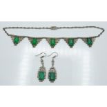 German Art Deco silver necklace (L - 34cm) and matching earrings set with chrosophase and marcasite