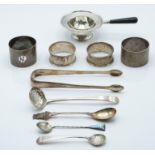 Hallmarked silver tea strainer, Georgian hallmarked silver sugar tongs with bright cut decoration,