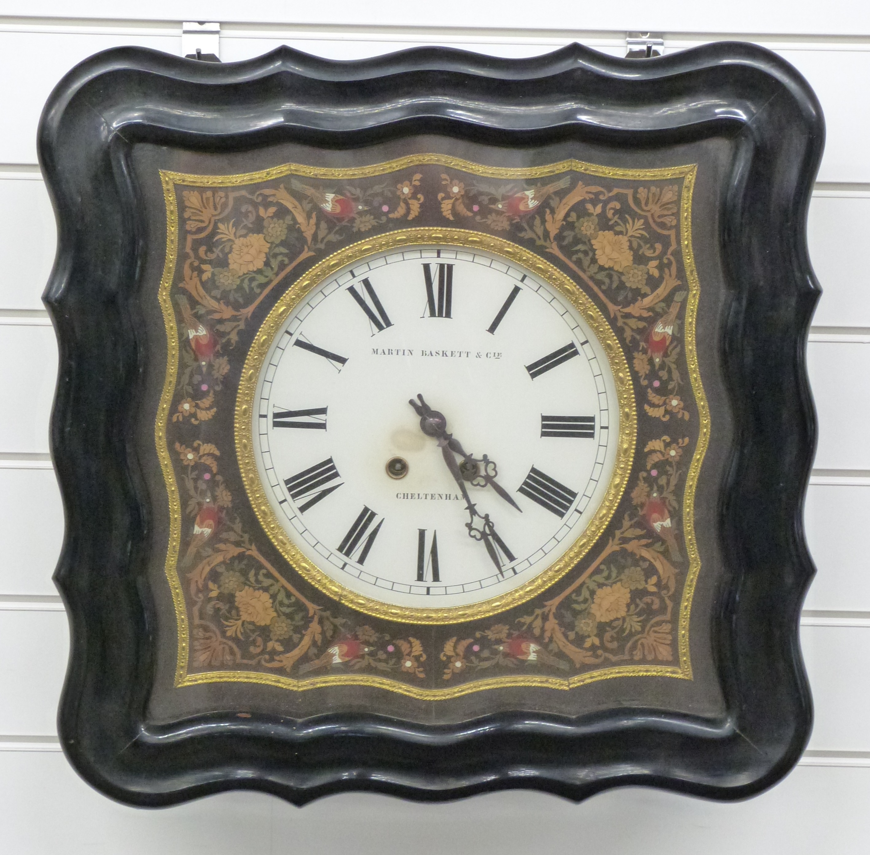 Martin Baskett & Cie, Cheltenham, late 19thC/early 20thC wall clock, the glass Roman dial, with
