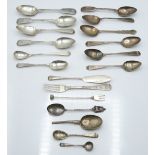 Quantity of mainly Georgian hallmarked silver spoons and other cutlery including a bottom hallmarked