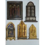 Five 19thC/20thC icons/reliquaries including one with embossed metal panels to doors, two opening