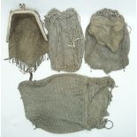 Four large silver mesh purses / bags with trailing beadwork decoration, largest 21 x 16cm