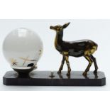 Art Deco style desk lamp with bronzed deer and glass shade mounted on marble base, length 24.5cm