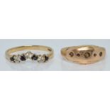 A 15ct gold ring (1.1g, size I)  and a 9ct gold ring set with sapphire and cubic zirconia, 1.1g,
