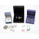 Four silver rings and three silver pendants all set with dentrite agate and silver earrings and