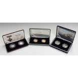 Three Royal Mint UK silver proof coin sets comprising Nelson Trafalgar two crown set, Brunel £2 pair