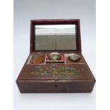 A 19th/20thC continental mahogany sewing / needlework workbox with hand decorated floral lid, fitted