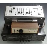 Vintage hi-fi audio equipment including Denon DRW-750 twin cassette tape deck, Sony six channel