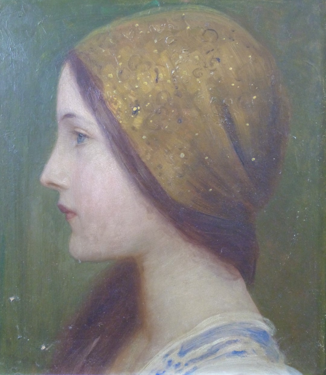 Late 19thC/20thC Austrian School oil on board of a young girl with gold lamé scarf, with Vienna