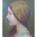 Late 19thC/20thC Austrian School oil on board of a young girl with gold lamé scarf, with Vienna