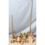 Copper and brass ware including two coaching horns, graduated copper measuring jugs with impressed