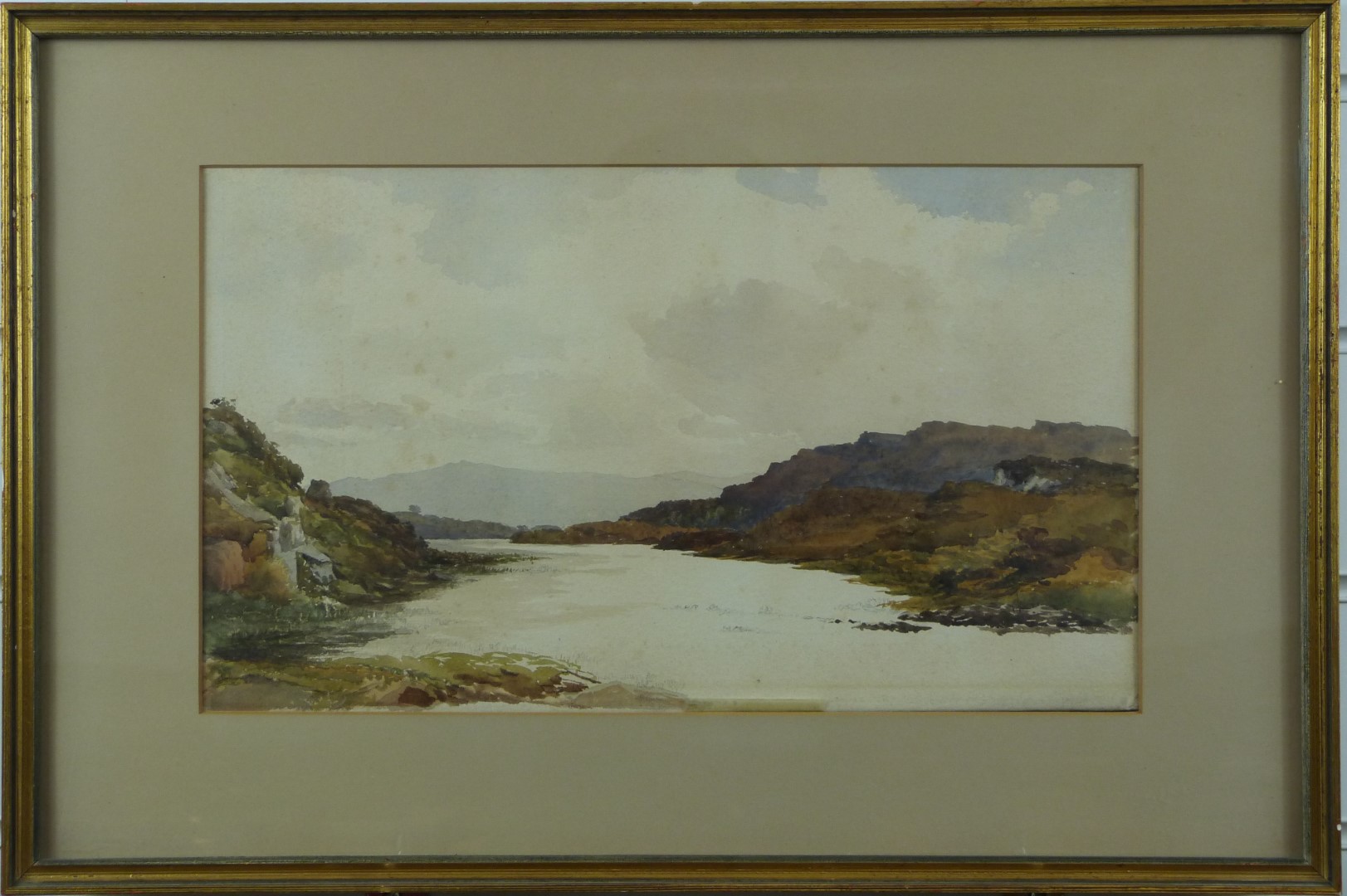 Attributed to John Slater watercolour Scottish loch scene, 21 x 37cm, with label verso - Image 2 of 3