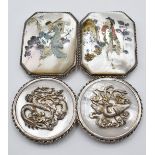 A white metal Chinese buckle set with mother of pearl, dragon and bird decoration, maker TC and a