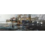 Tennyer acrylic on board 'St. Ives' harbour scene with boats, signed lower right and titled verso,
