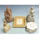 Three cast metal / carved wood figures of deities including Ganesh, tallest 24cm, an Indian