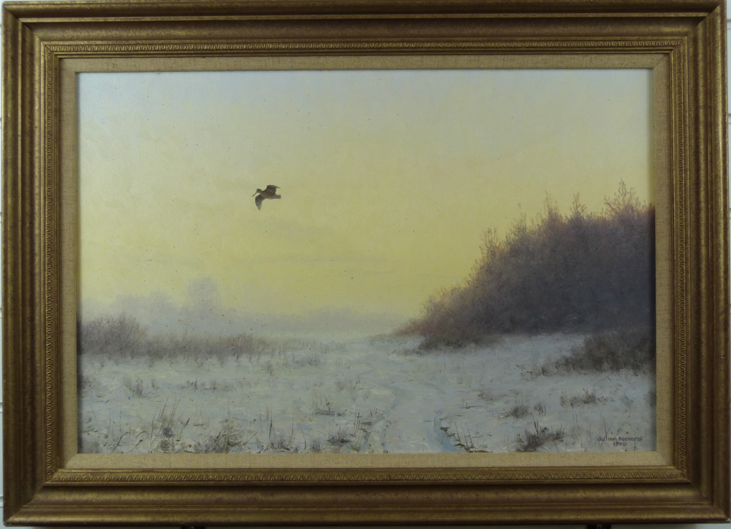 Julian Novorol (b1949) oil on canvas of a woodcock in flight in winter landscape, signed and dated - Image 2 of 5