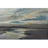 Peter Scott print of geese inflight, 40 x 60cm, in oak frame