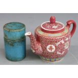 Studio pottery covered canister, possibly Japanese (10.5cm tall) and a Chinese teapot