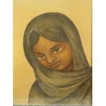 A retro 1960s/70s print on board in integral frame of young girl with headscarf, 40 x 30cm
