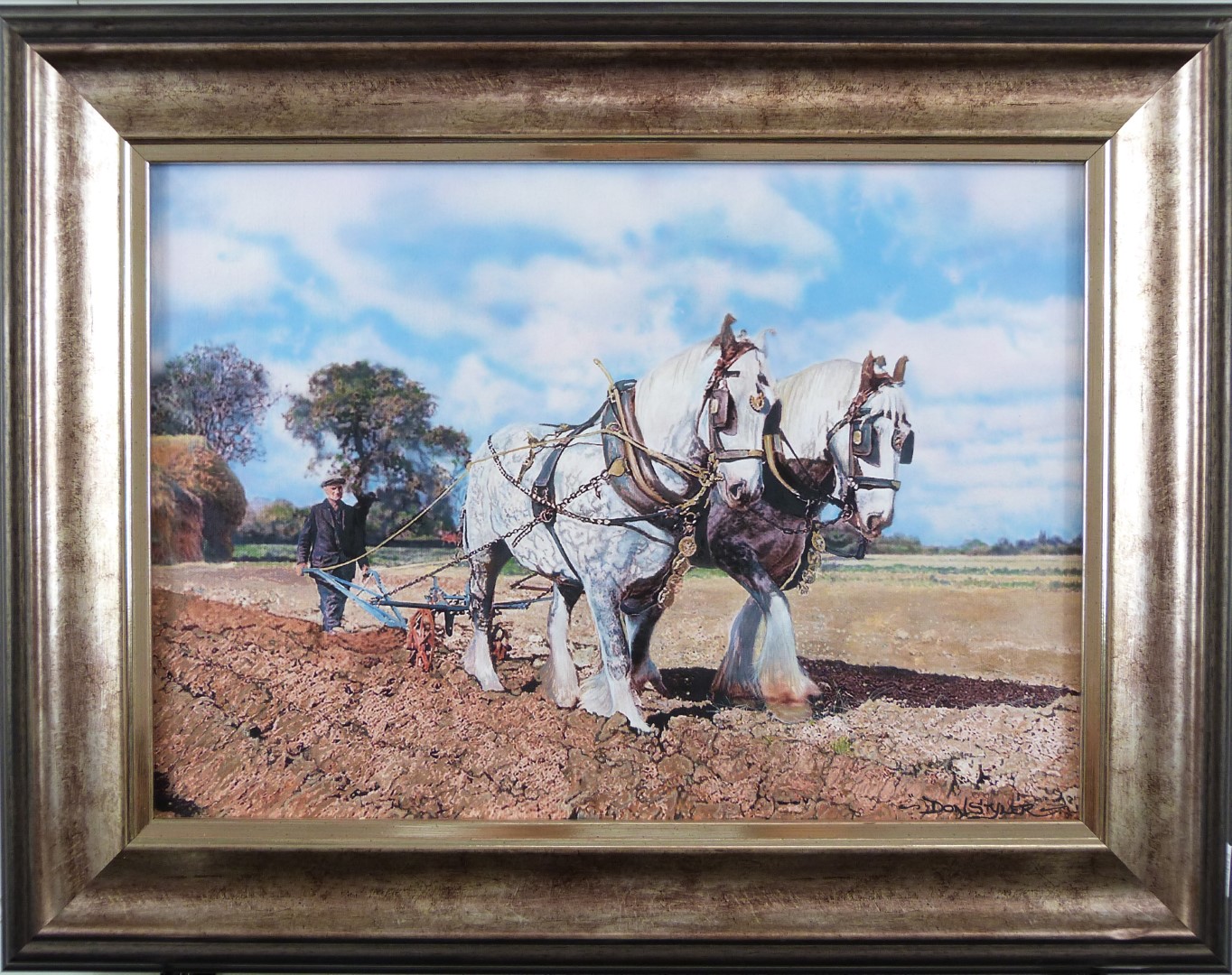 Don Styler British (20th/ 21stC) oil on board over photograph ploughing with two grey heavy/ shire - Image 2 of 5