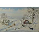 Edward Wilkins (British contemporary) 'Winter in Dyfed, Wales' snowy farming scene with tractor