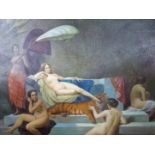 Large Victorian style oil on canvas, harem scene nude ladies relaxing with a tiger, 90 x 120cm, in
