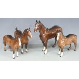 Four Beswick Horses including The Winner, brown Hackney, Welsh Cob and Huntsman's Horse, tallest