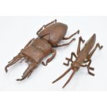 Two Japanese bronzes, a beetle and grasshopper, both signed to base, largest 12.5 x 5cm